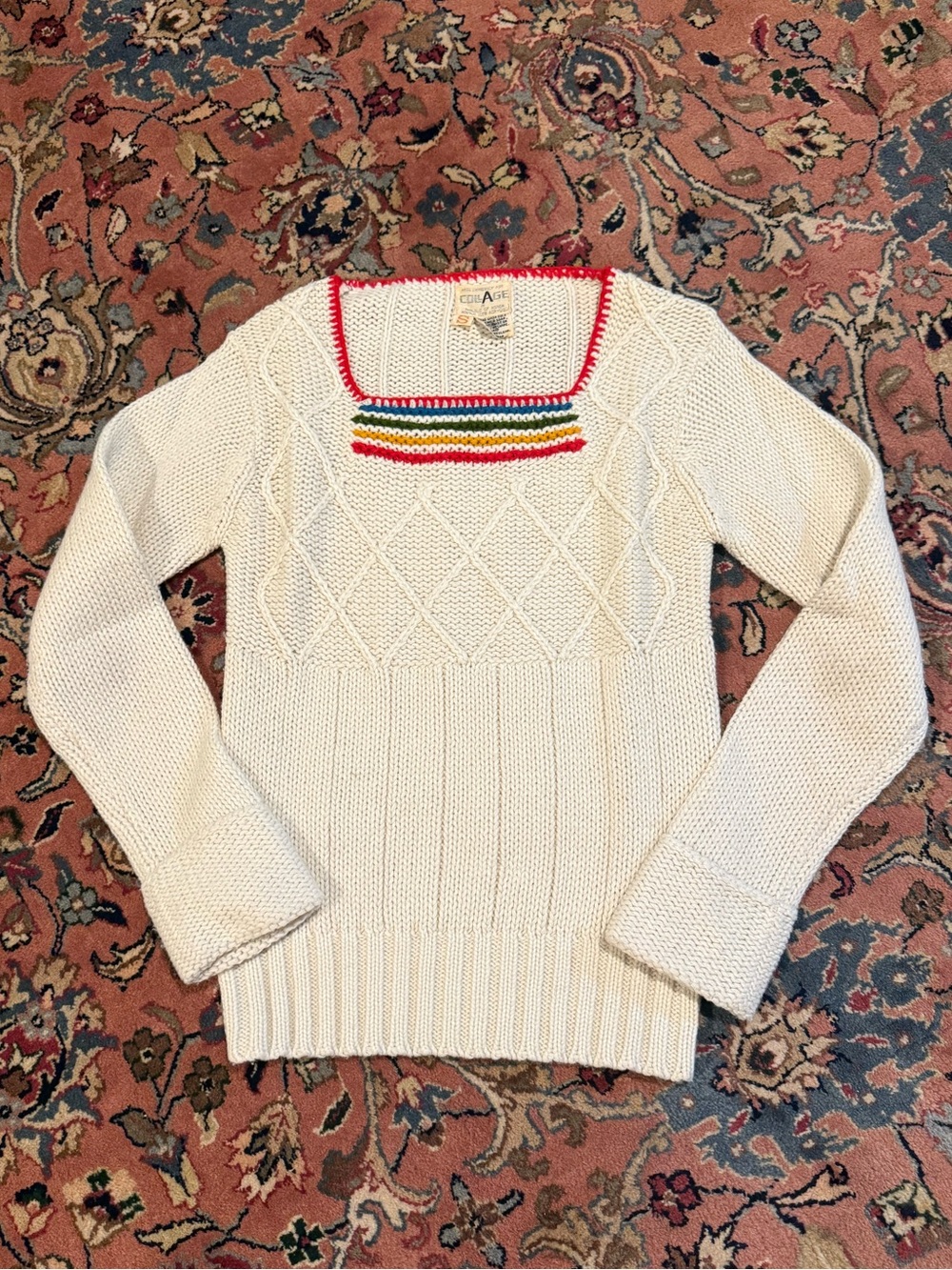 Vintage 60’s made in Korea Cream Cable Knit Sweater with Rainbow Trim